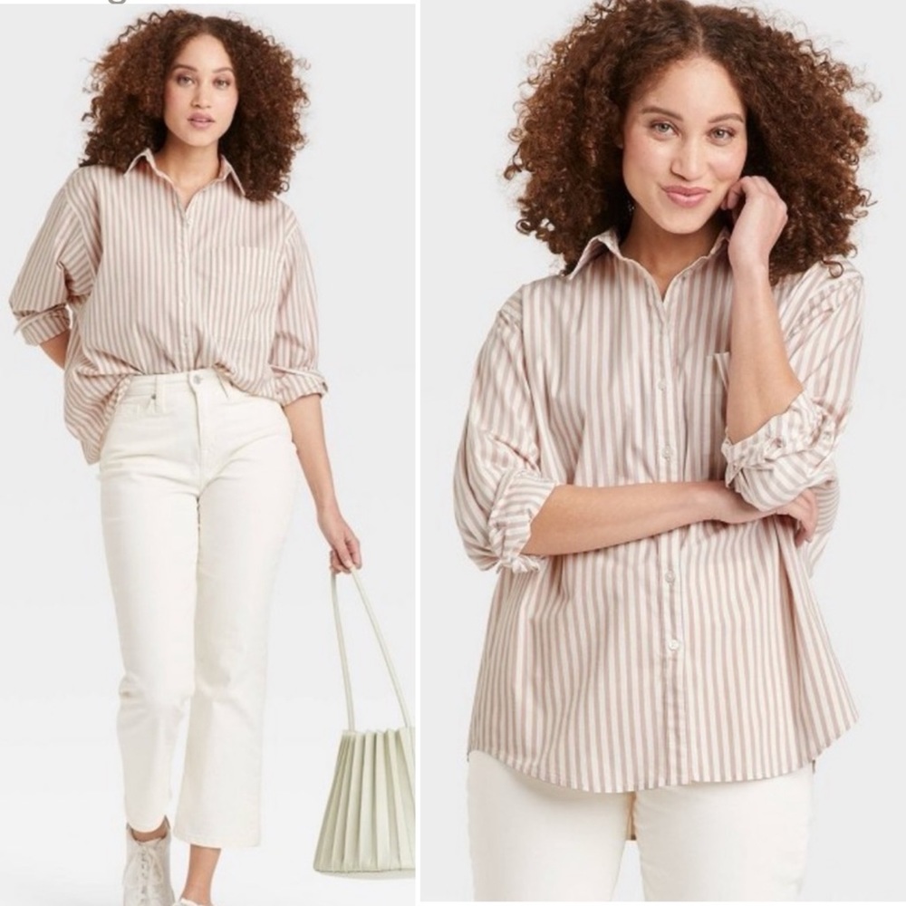 A New Day Striped Oversized Long Sleeve Button-Down Poplin Boyfriend Shirt